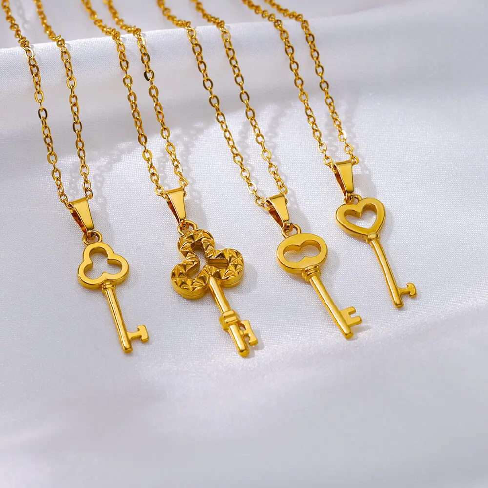 Stainless Steel Gold Color Necklace For Women Adjustable Chain Heart Key Zircon Pendant Necklace Fashion Jewelry Birthday Gift