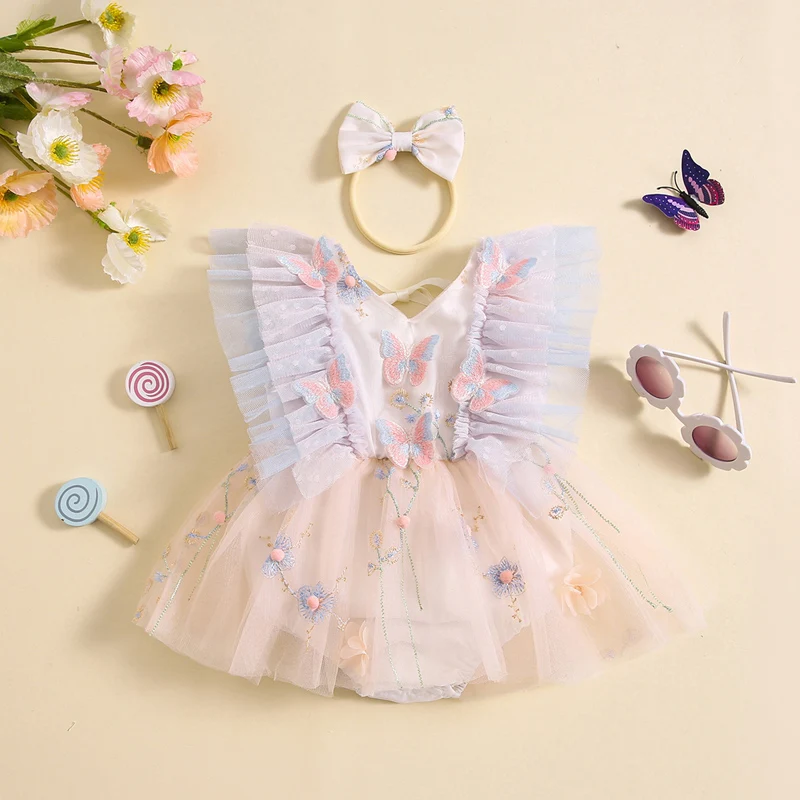 

Summer Infant Girls Princess 3D Butterfly Flower Embroidery Fly Sleeve Mesh Romper Dress Headband Baby Flower Tulle Bodysuits