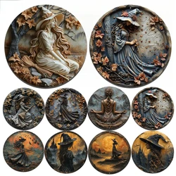 3D Round Metal Aluminum Sign Art Enchanted Witch Religious Decorative Plates Gift Mask Theme For Bar Club Home Room Wall Decor
