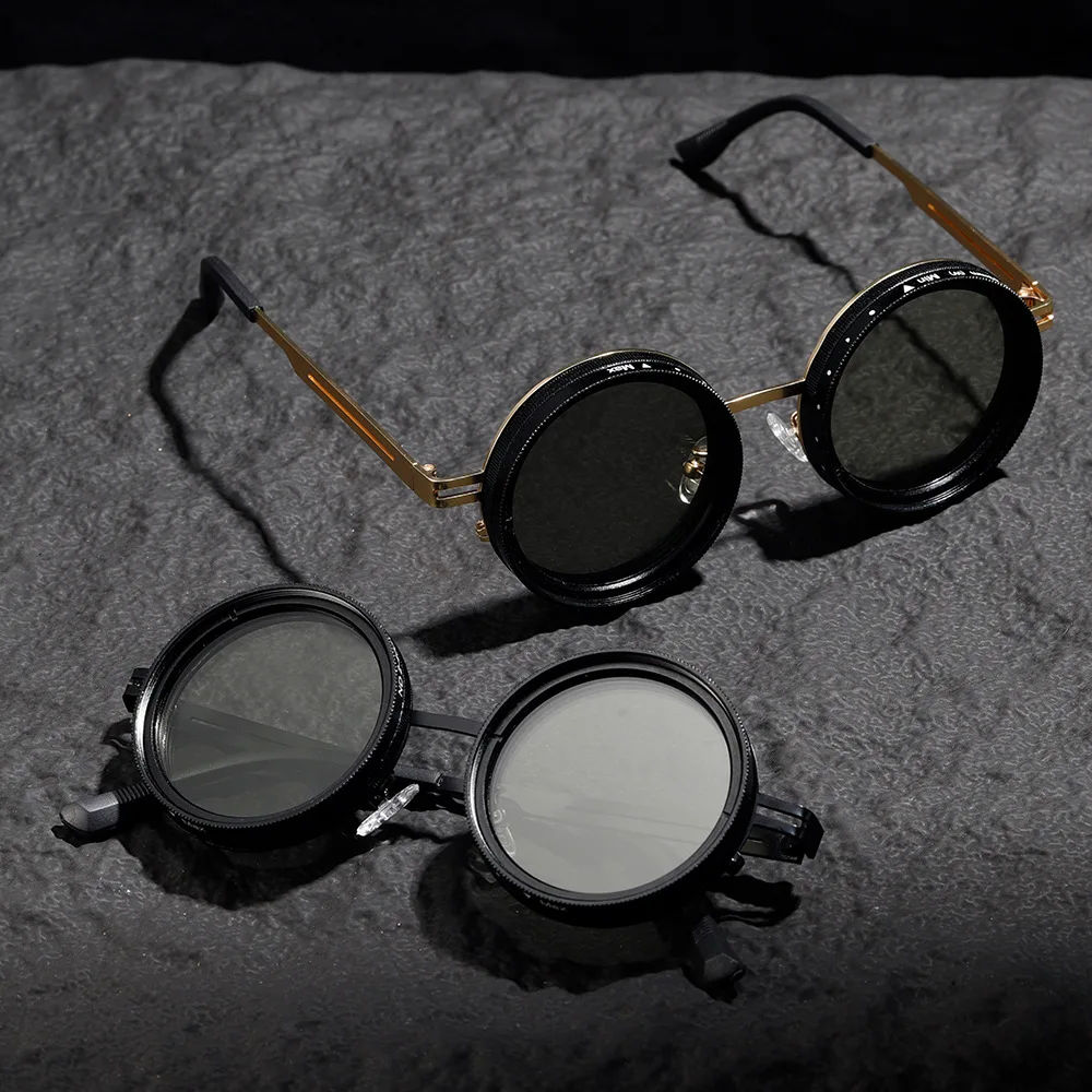 Driving Sunglasses Men Adjustable Sunglasses Round Frame Steampunk Sun glasses Color-changing ND 9 Polarized Lenses Sun Glasses