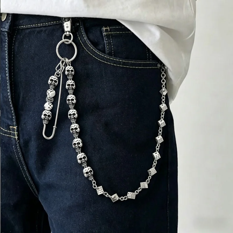 61CM Men's Motorcycle Key Chains Jean Biker Wallet Belts Chain Dice Skull Charm Gothic Rock Pants Trousers Waist Belt
