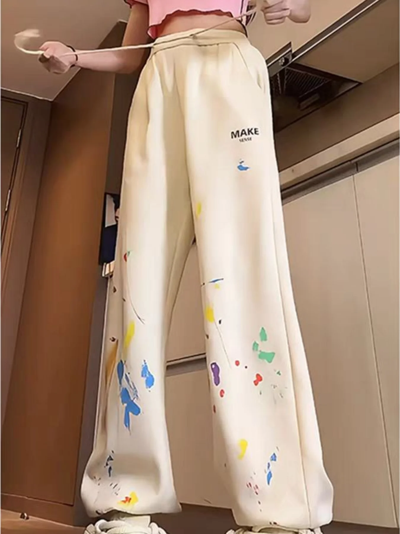 High Street Retro Splatter Graffiti Sarouel pour Femmes, Printemps et Automne Style Coréen Nouvel Étudiant Décontracté Polyvalent Sport Jogger Pantalon À La Mode