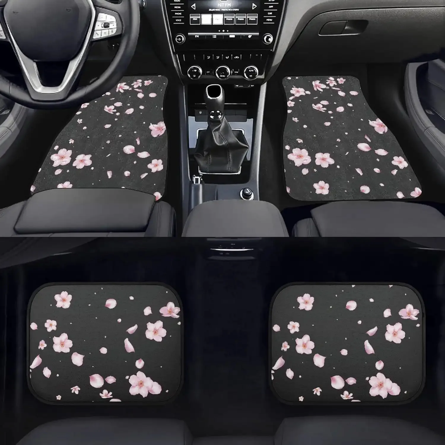 4pcs Cherry Blossom Car Floor Mats Set | Black With Pink Floral Design, All-Season Polyester Floor Liners For Vehicle Interior,