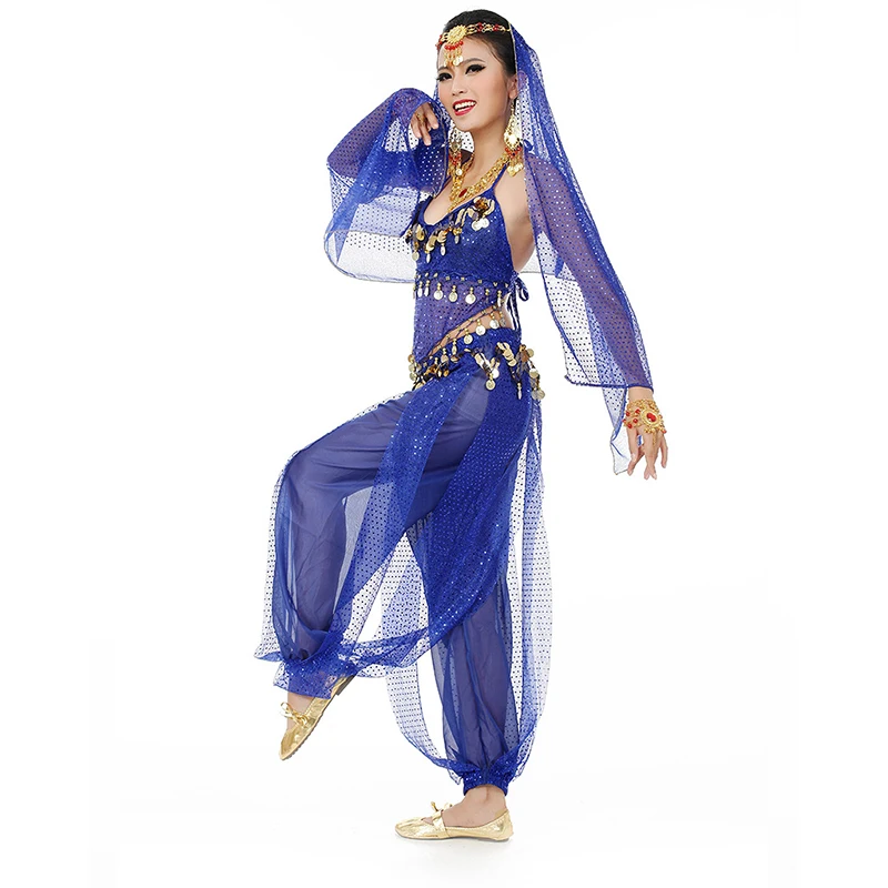 Women Ladies Bollywood Belly Dance Costumes India Arabian Stage Coins Lace-up Back Top Harem Pants Halloween Costume Cosplay