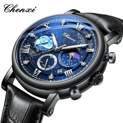 CHENXI 972 Men's Quartz Watch Luminous Moon Phase Chronograph Calendar Waterproof Leather Strap Luxury Business Watches