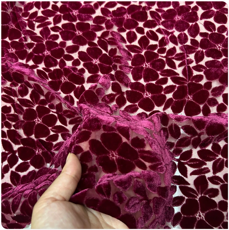 114cm wide Burgundy Hollow Mulberry Silk Velvet Fabric Cheongsam Dress Shirt Shawl Clothing