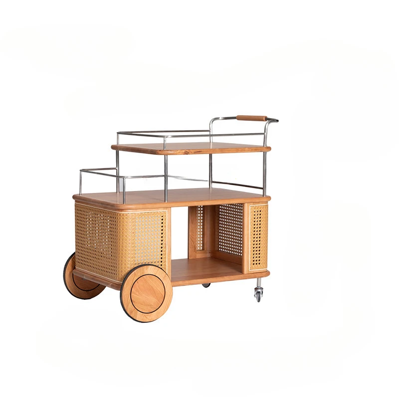 Trolley Nordic Solid Wood Rattan Sofa Cabinet Cabinet Side Cabinet Living Room Mobile Side Table with Wheels