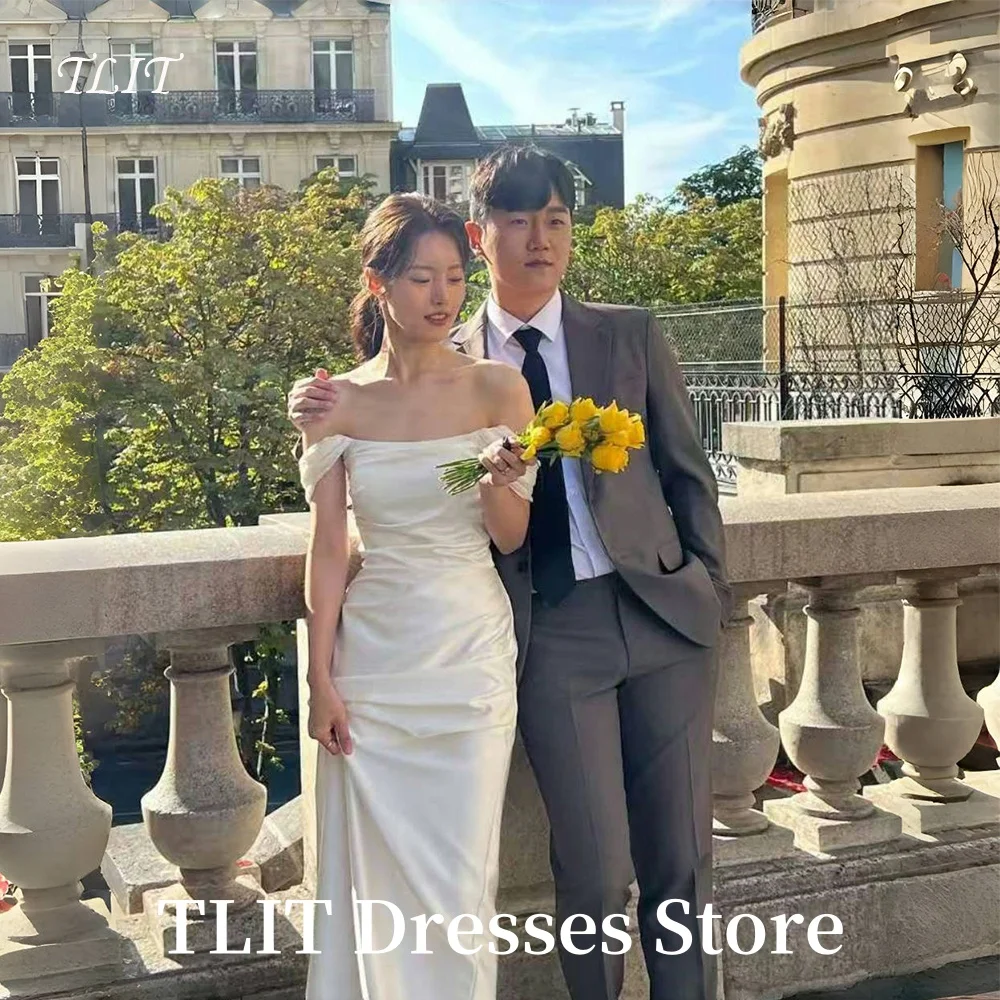 Eleganckie Białe Sukienki Ślubne z Jedwabnej Satyny na Imprezę, Koreańskie Sesje Zdjęciowe, Drapowane Suknie Ślubne z Odkrytymi Ramionami, Szyte na Miarę Suknie Wieczorowe Damskie