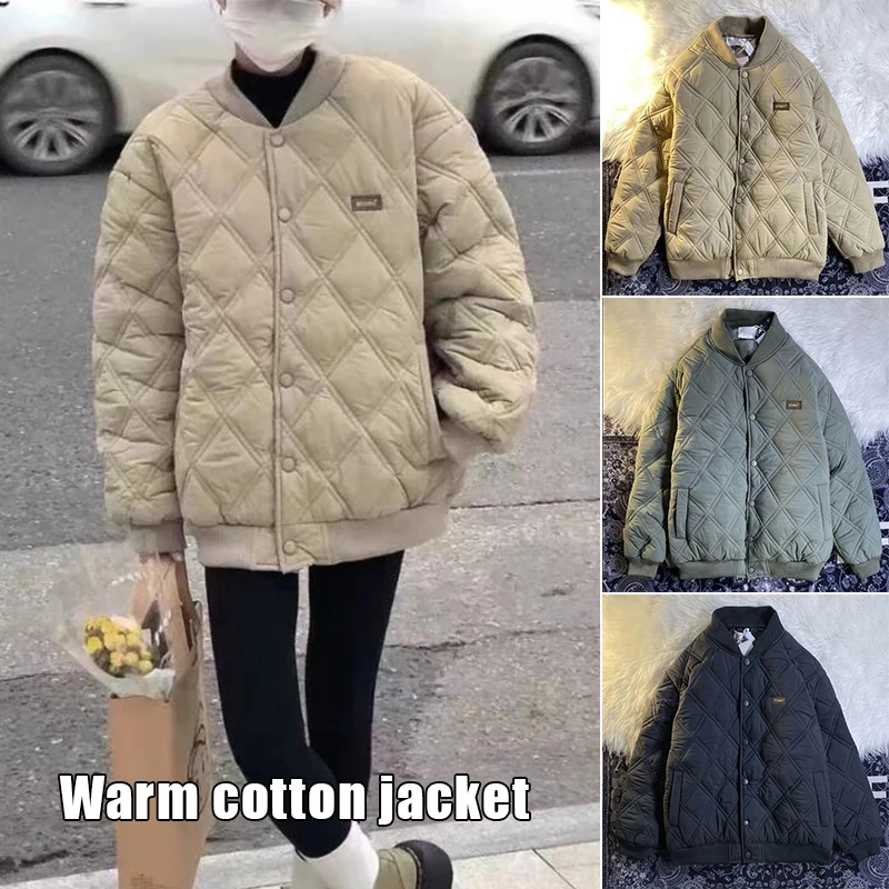 Retro Plaid Cotton Jackets Women Loose Cotton Bomber Jacket Vintage Stand Neck Korean Fashion Winter Couple Cotton Quilted Coat