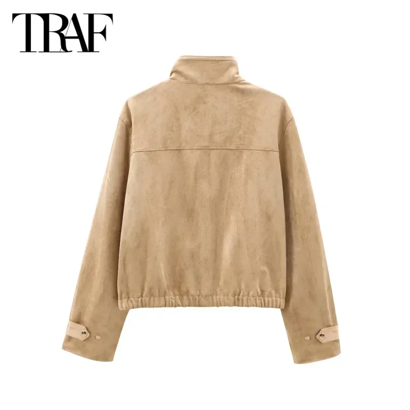 TRAF Women Bomber Jacket Leather Outerwears 2024 Autumn Casual Khaki Fleece Coats Long Sleeve Jacket Coat Fashion Varsity Jacket