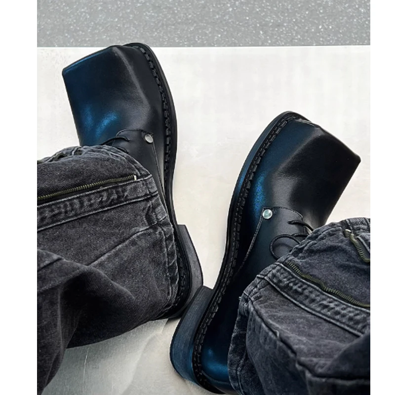 

Square Toe Front Laces Low-Top Derby Shoes Men's Shoes Fashion Black Square Heel Leather Shoes Trendy Casual Dress Shoes for Men