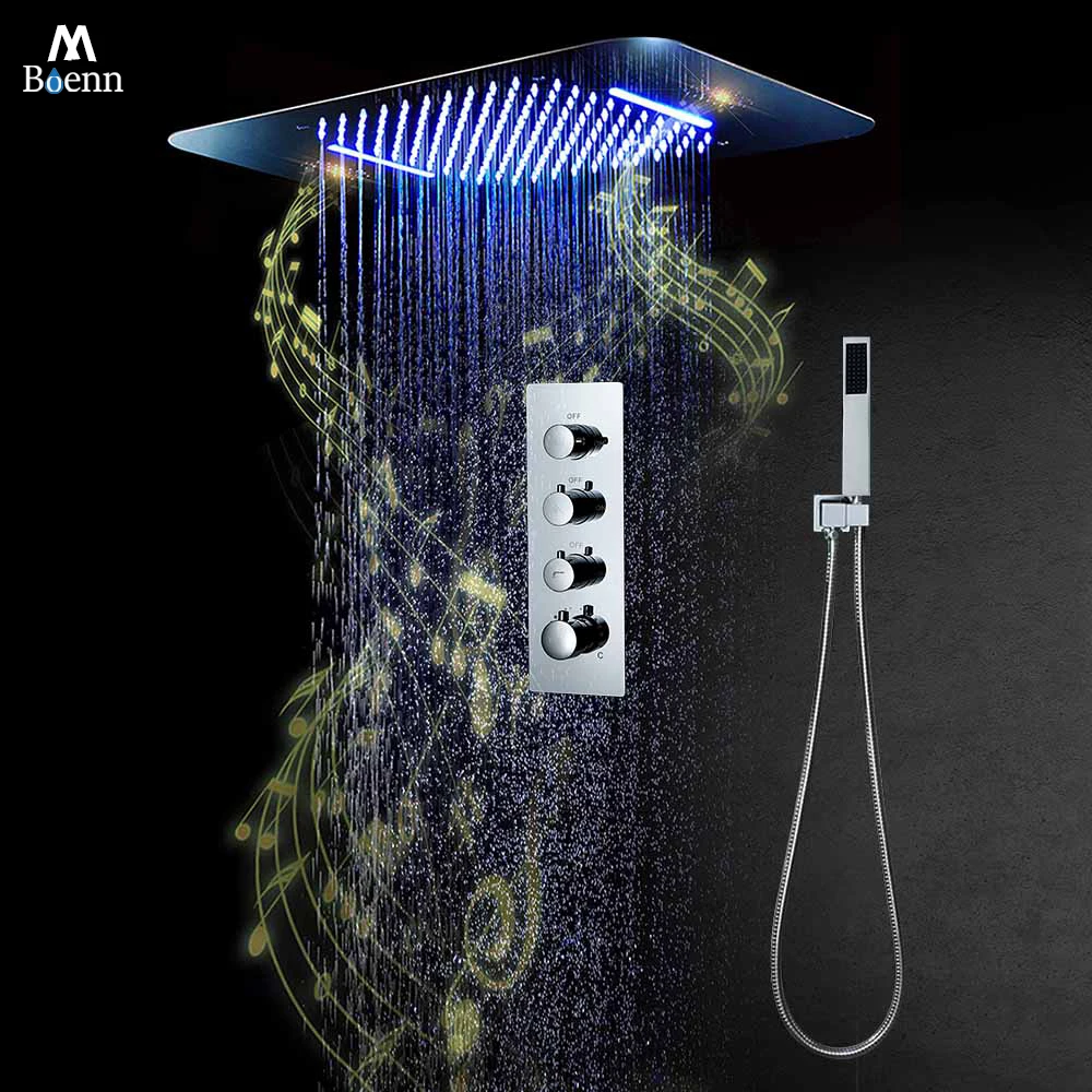 

M Boenn 3 Functions Chrome Shower Set Embedded Ceiling 22.8x14.9 Inch LED Shower Head Rainfall Bathroom Faucet Thermostat Mixer