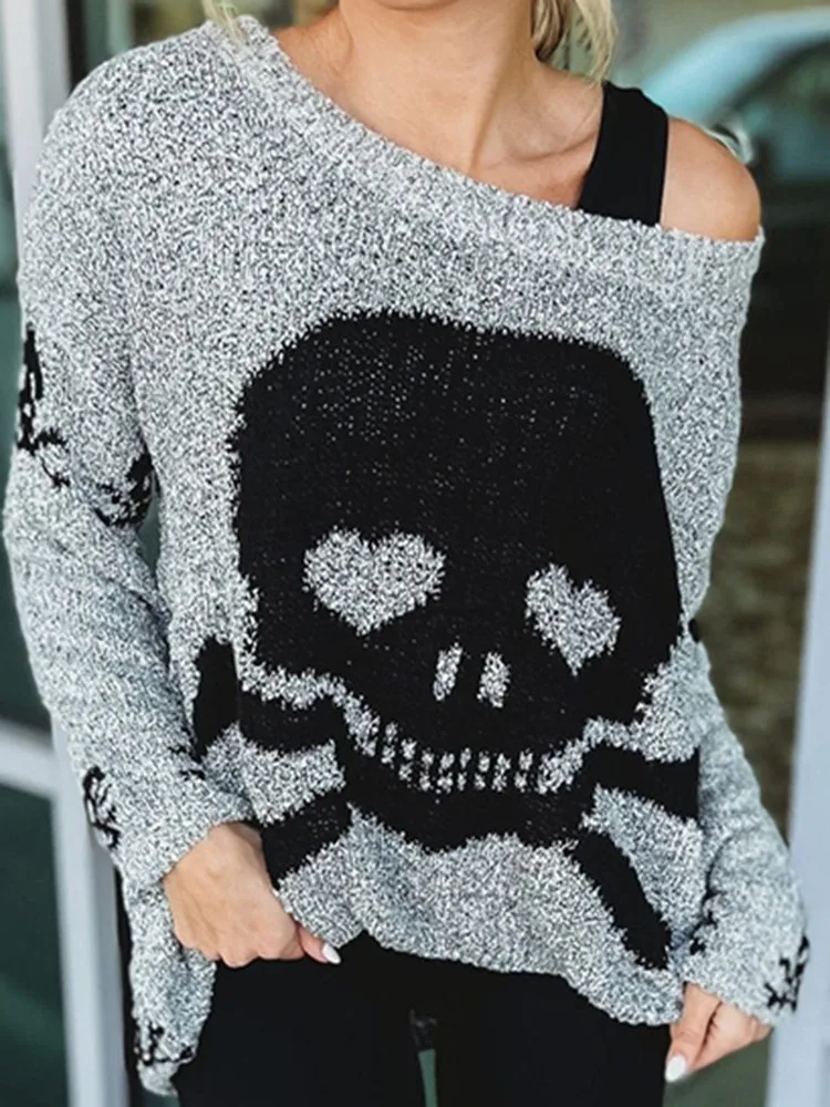 

Women's Sweater Fashion Skull Pattern Single Neck Loose Casual All-match Knitted Sweater