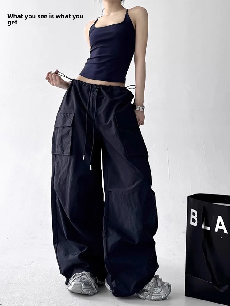 

Ретро-американские уличные брюки для девушек, летние новые дизайнерские парашютные брюки с манжетами, повседневные брюки с высокой талией