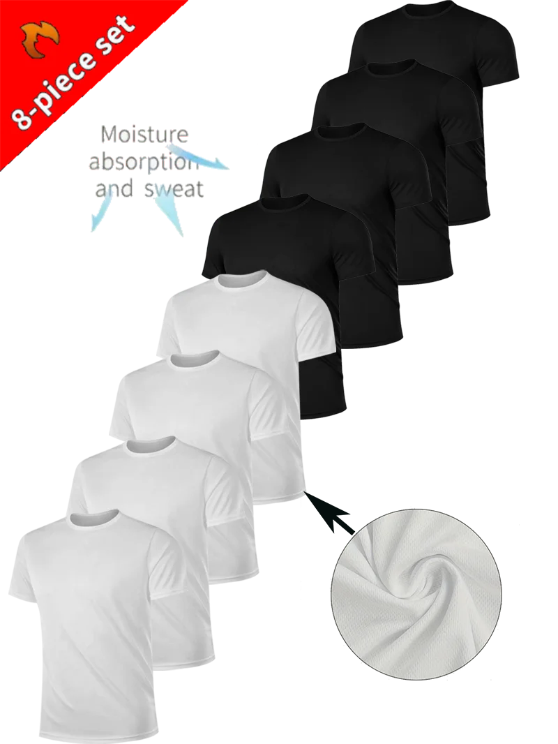

Men's 8-Piece Solid Black and White Round Neck Lightweight Breathable Moisture Wicking Casual Wear for Layering or Outerwear Gy