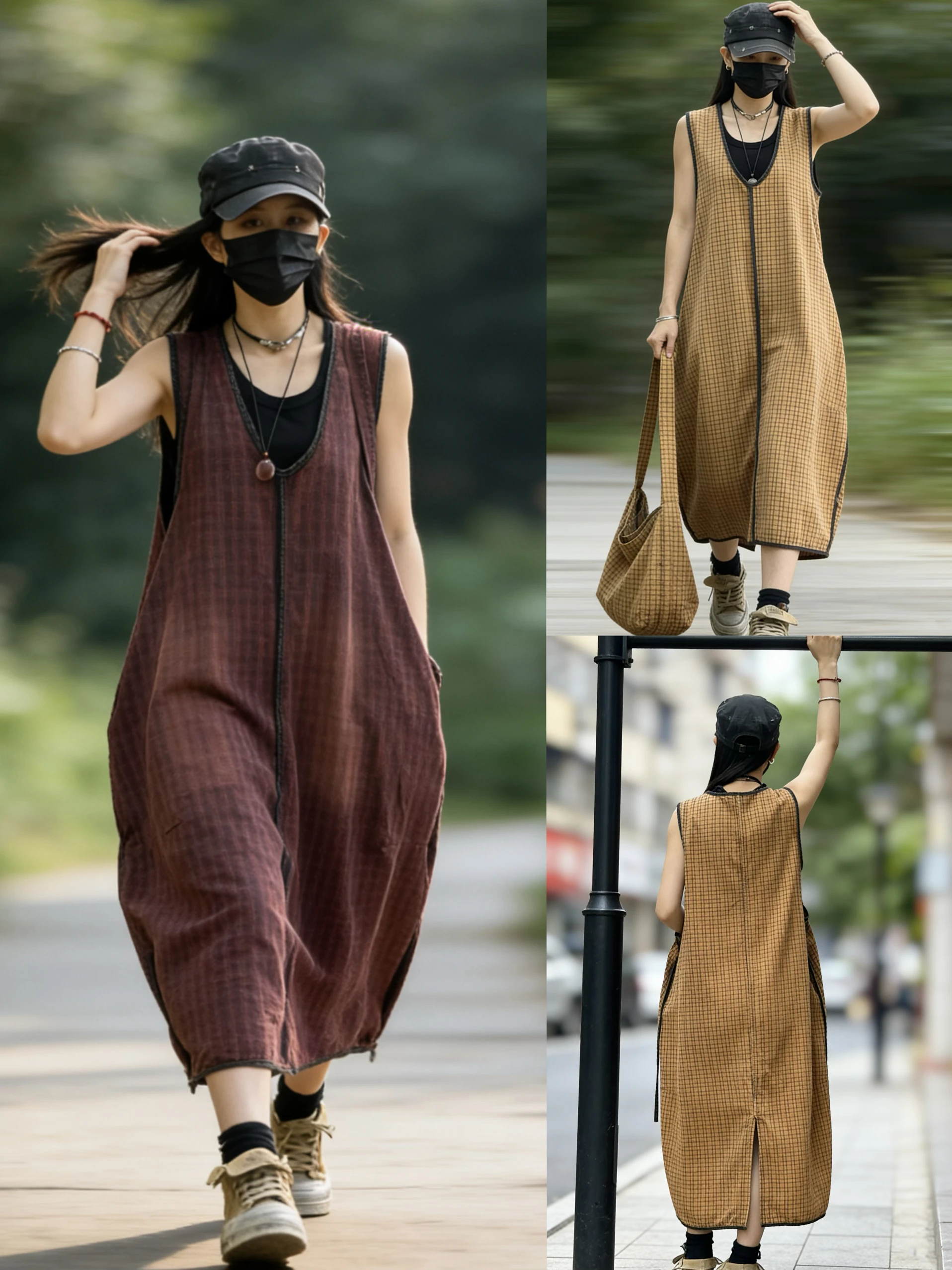 

Original Design Vintage Plaid Cotton Maxi Dress Women's Loose Casual Versatile Vest Dress Spring Summer New Arrival