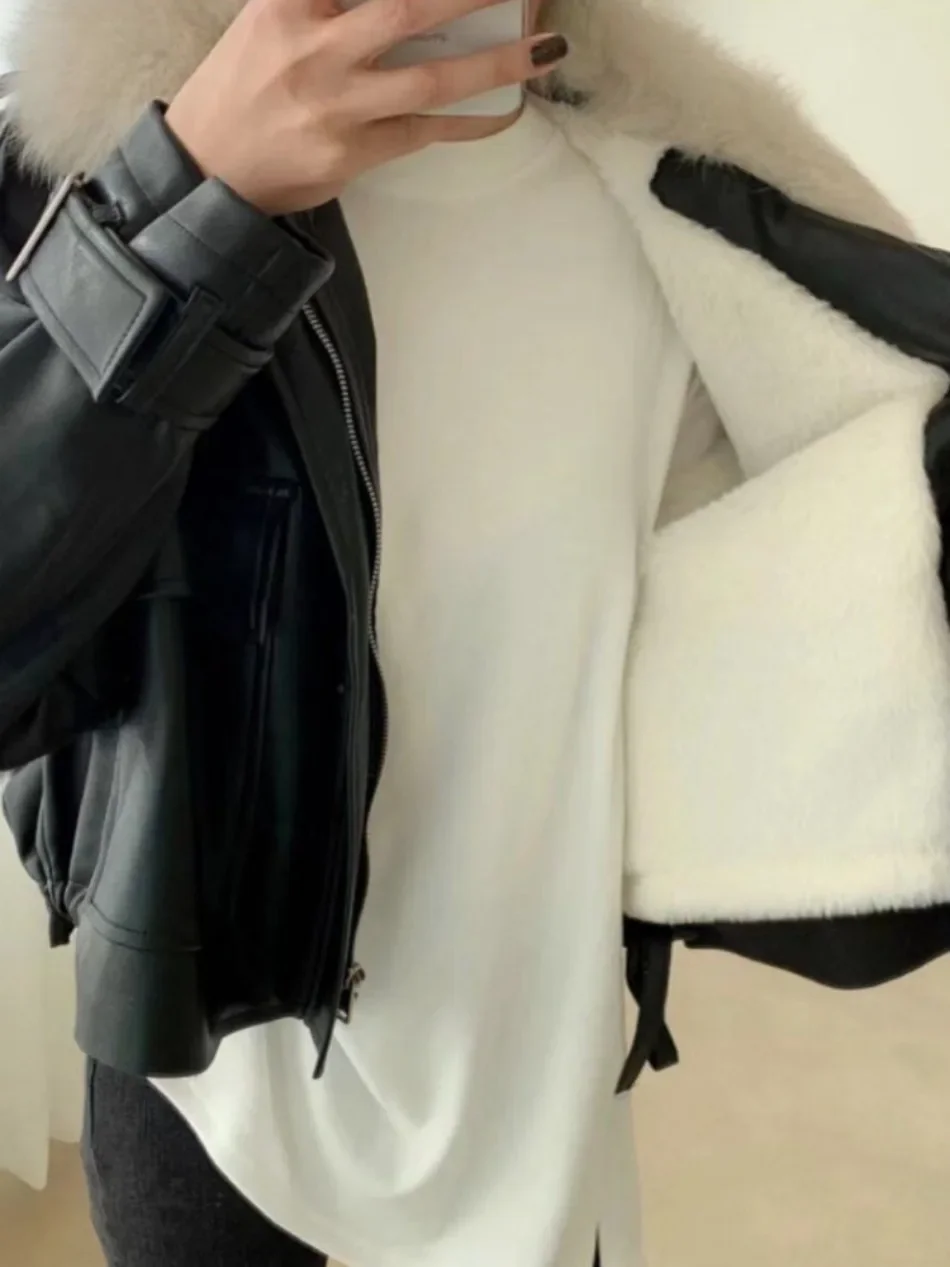 Women Clothing Short Detachable Rabbit Fur Collar Warm Black Coats Women Tops Autumn/Winter New Velvet Thickened Leather Jacket