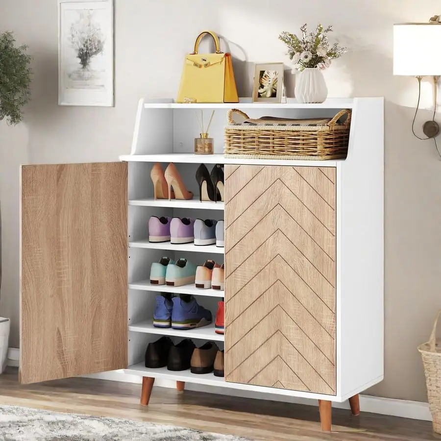 Shoe Cabinet, 5Tier Shoe Cabinet Storage with Doors for Entryway, Large Capacity Wooden Shoe Storage Cabinet, Tall Shoe Rack Org