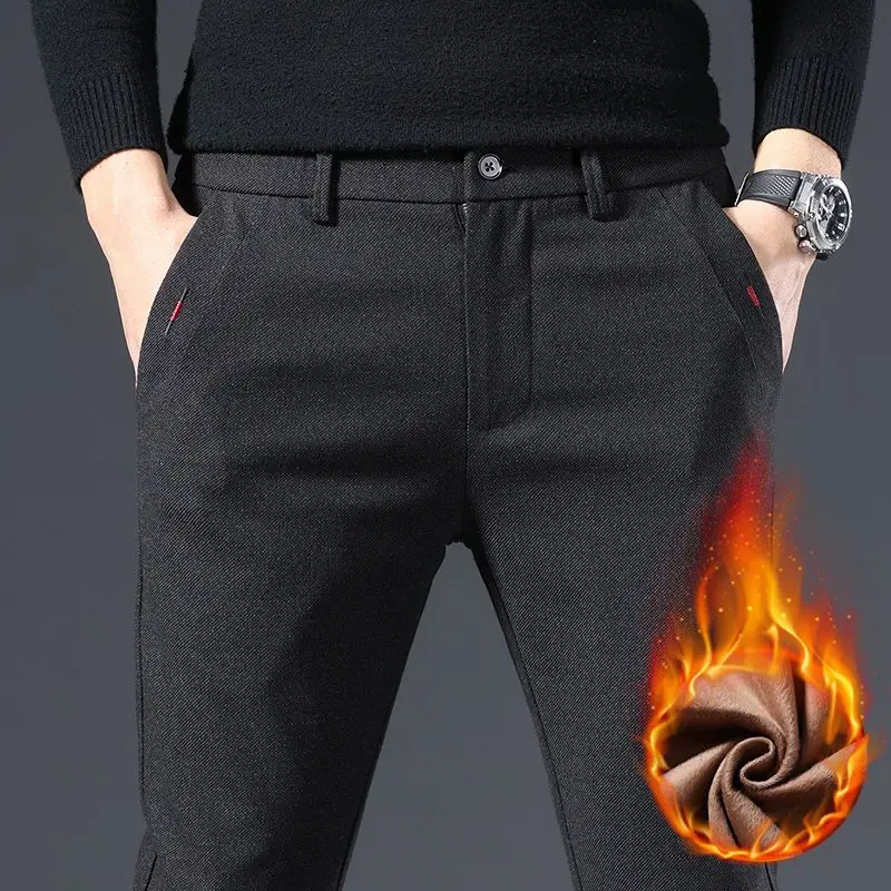 

Men Winter Casual Snow Warm Plush Suit Pants Male Fleece Lined Thickened Blazer Pants Breathable Cold Protection Black Trousers