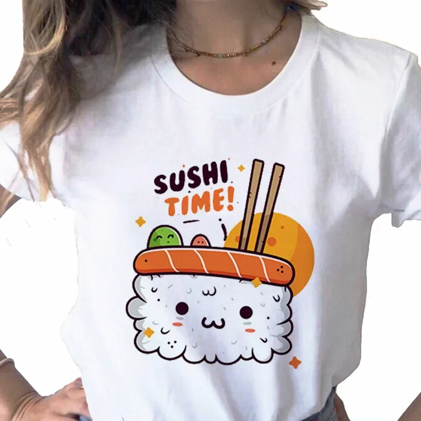 

Summer New Lovely Sushi Print Ladies T-shirt Women Casual Basis Round Neck White Shirt Short Sleeve Women T-shirt Clothing
