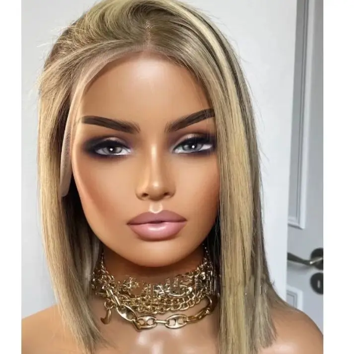 オンブレライトブロンドウィッグ（ダークルート）16インチ肩丈合成レースフロントウィッグ耐熱ファイバー日常＆コスプレウィッグ