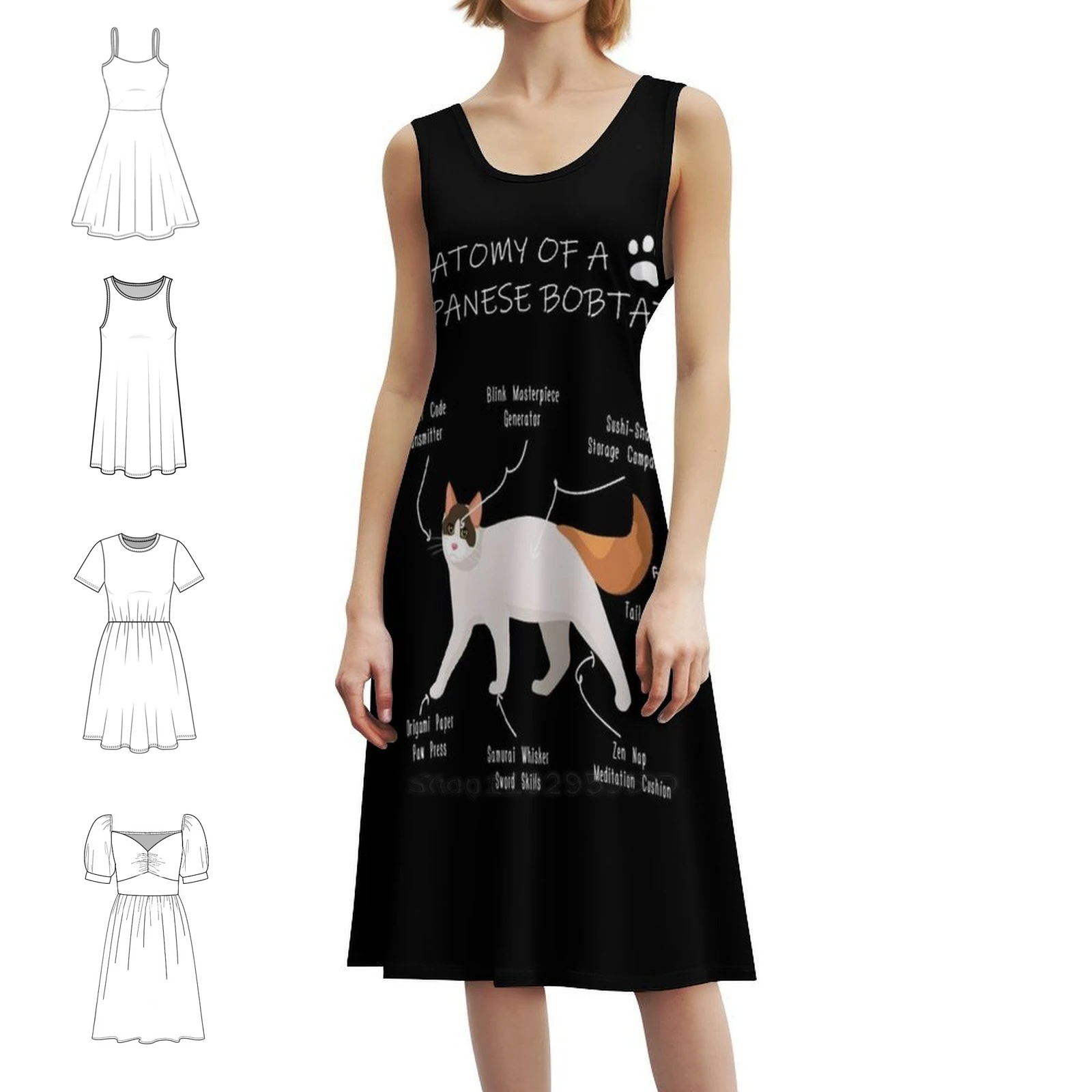 

Анатомия японских бобов, женское уличное платье в стиле хип-хоп с графическим принтом, вечерние и клубная одежда, японский бобтейль, кошка