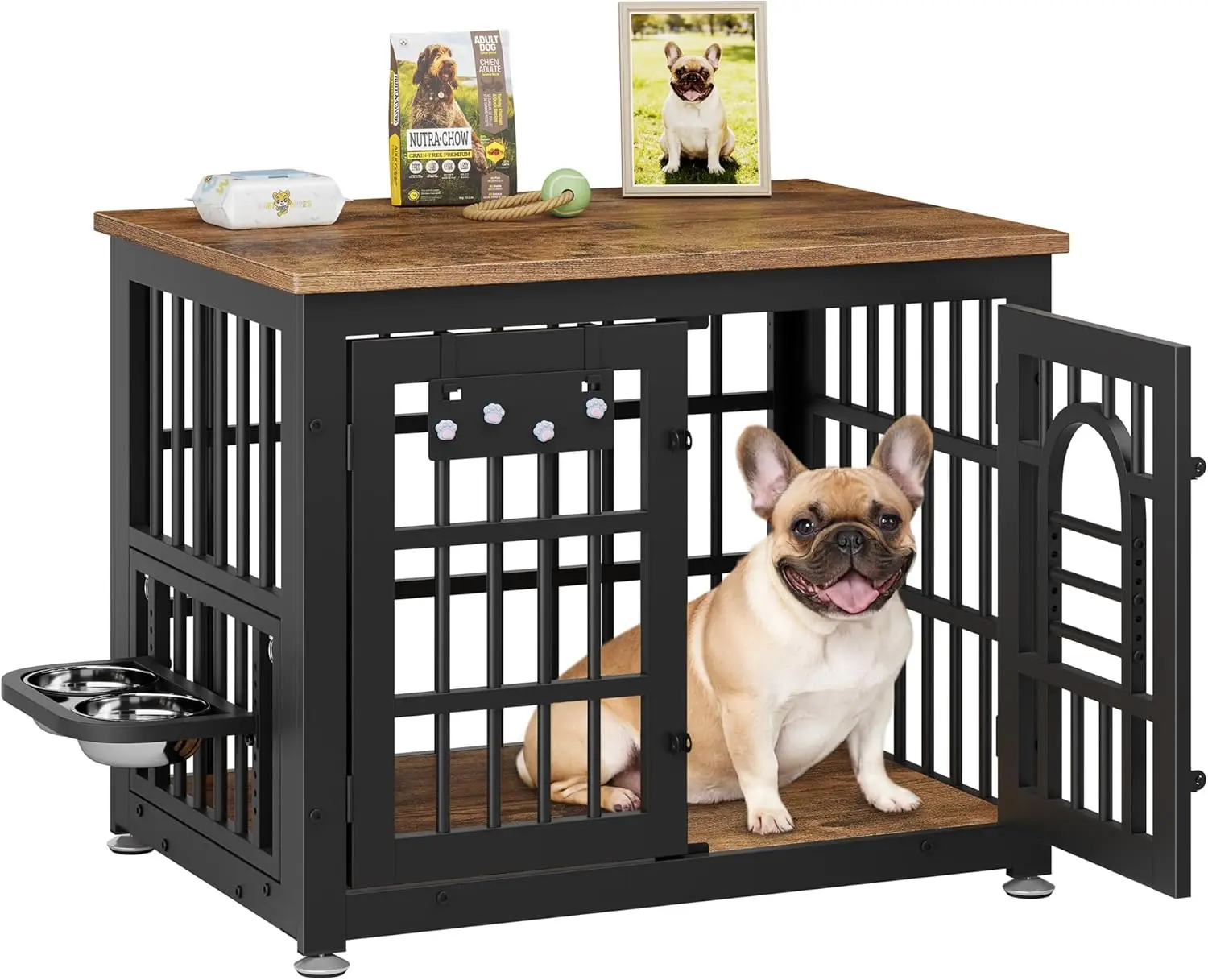 Indoor Use Wooden Dog Crate in Brown, Heavy Duty with Bowls, Can Be Used as TV Stand End Table for All Sizes of Dogs