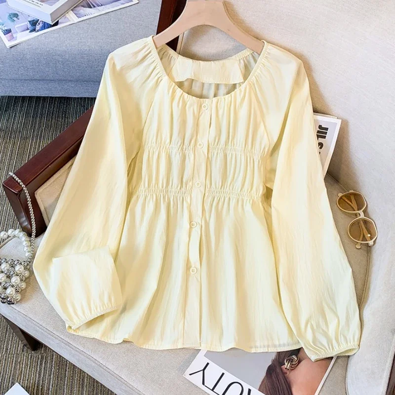 

Осень-зима 2025, однотонные корейские блузки с круглым воротником, рубашка больших размеров с длинными рукавами, большие размеры, повседневные топы с пышными рукавами