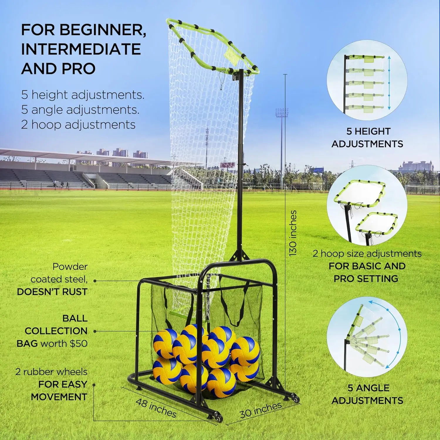 Setting Trainer Volleyball Setter Training Equipment Target Net with Adjustable Target Hoop Ball Collection Bag 5 Level Angle an