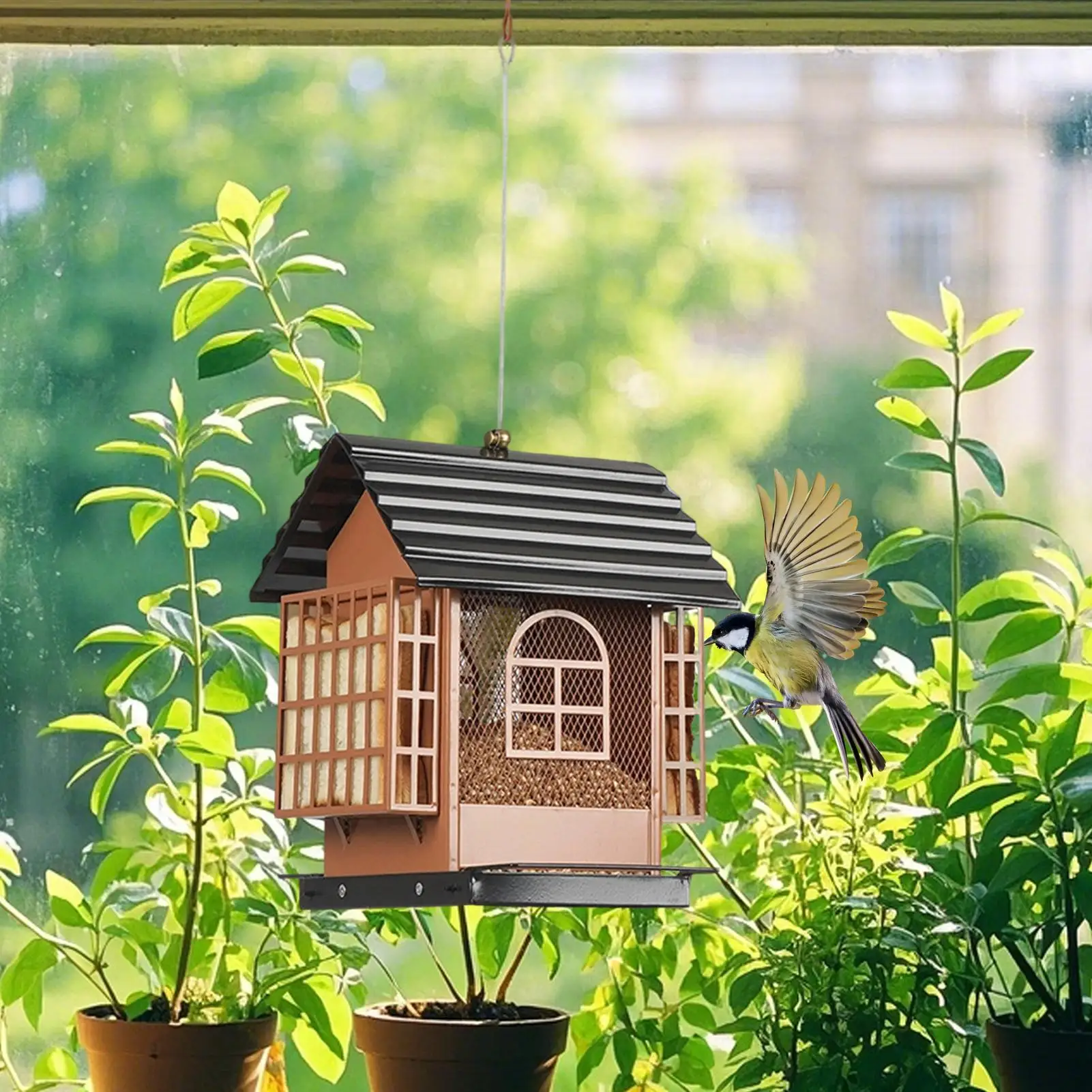 

Кормушка для птиц в форме дома, металлический диспенсер для кормления, подвесная кормушка для птиц для заднего двора, сада, патио, лужайки, балкона, наблюдения за птицами, крыльцо