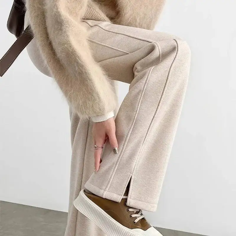 

Прямые спортивные штаны в американском стиле ретро, женские спортивные брюки с высокой талией и разрезом по бокам, осень-зима, утепленные однотонные широкие брюки в рубчик