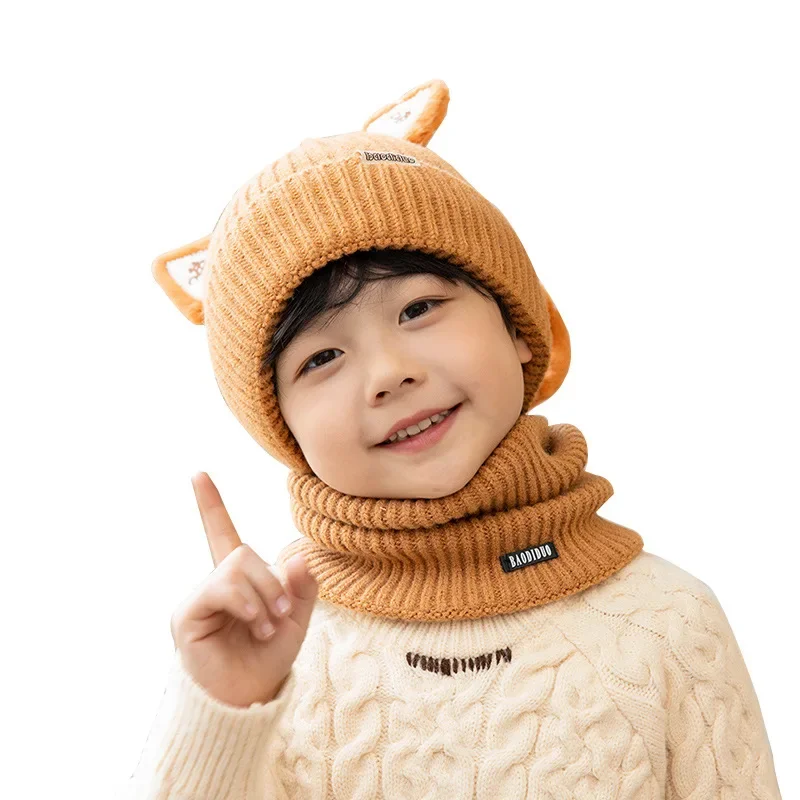 

New Kids Hat Bib Set Winter Warm Cartoon Knit Hat Boy Girl Cute Beanie