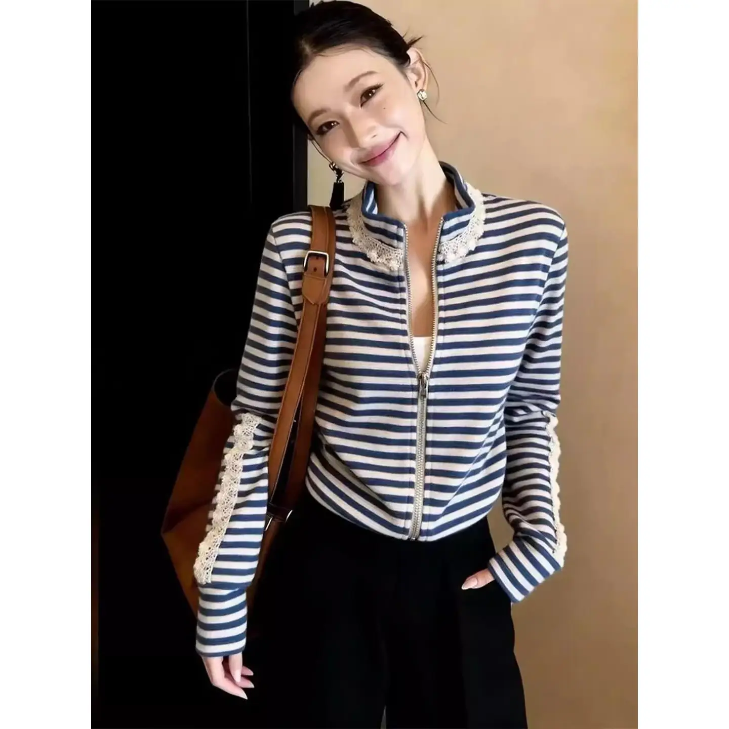 

Casual Style Blue Lace Patchwork Stripe Zipper Open Cardigan Women's Top Breathable Long Sleeve Summer Fashion Shirt
