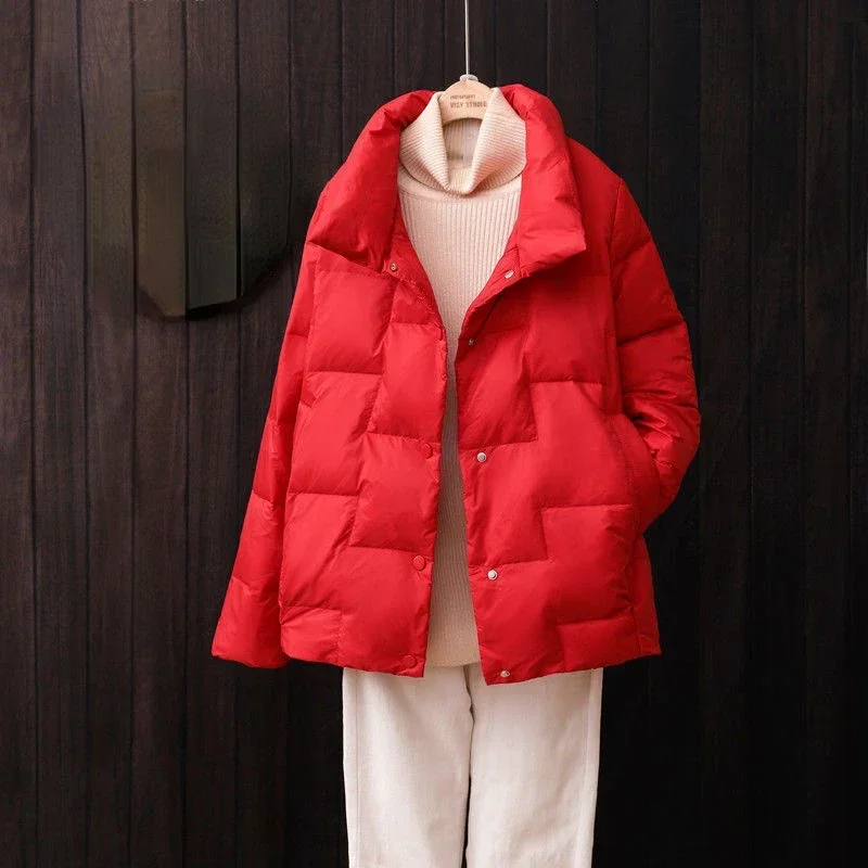 

Autumn White Duck Down Jacket Women Coat Baggy Outwear Stand Collar Elegant Top Frivolous Down Parkas Short Overcoat JJ140