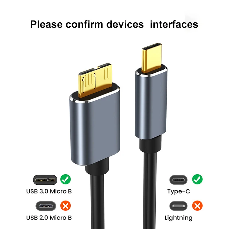 Micro B USB 3.0 para Tipo C Cabo, Carregamento, Sincronização, 5Gbps, Disco Rígido, Cabo de Dados