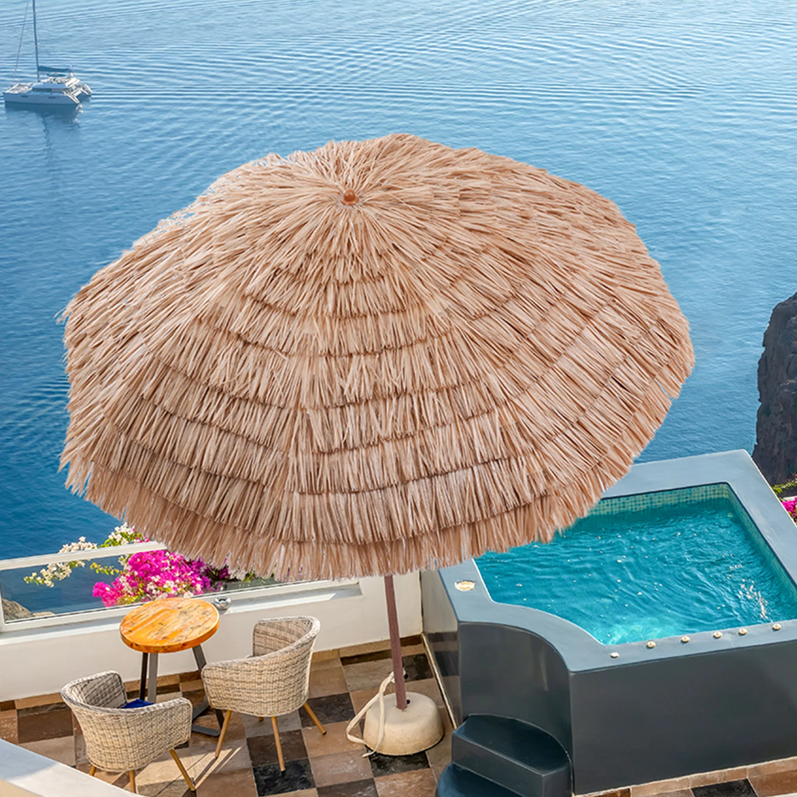 

Зонт в гавайском стиле Тики 6,56 футов с регулировкой наклона и 8 спицами, защита от УФ-излучения UPF 50+, для рынков, террас, уличных ресторанов