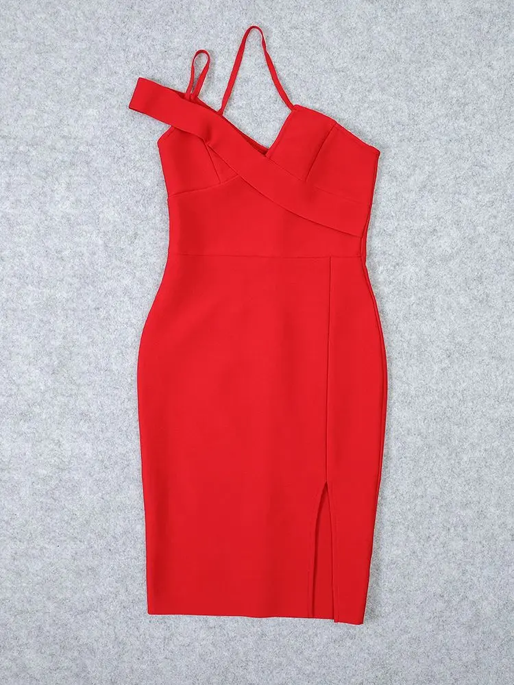 المرأة فستان طويل Bodycon HL ضمادة فستان الجانب سبليت العميق الخامس الرقبة السباغيتي حزام فساتين الحفلات الأحمر قبالة الكتف XL