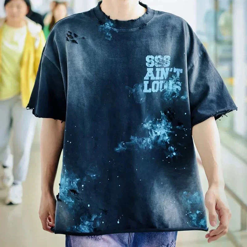 24SS Streetwear Letter Logo Graffiti Saint Louis T Shirt Men Women Vintage Washed Black Green Tee Top Handcrafted Destroy TShirt