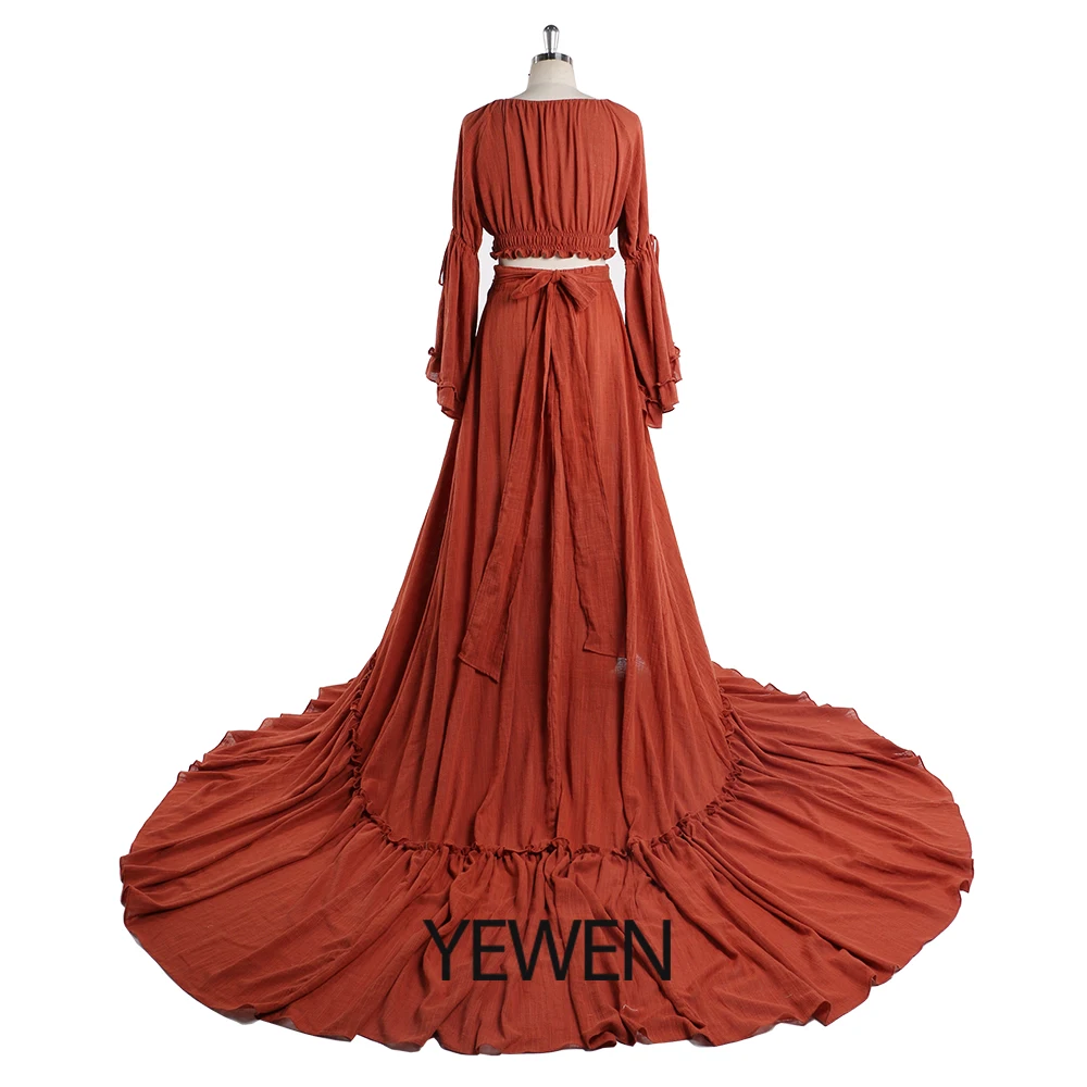 Long Sleeve Two Pieces V Neck Dresses with Long Train Photography Dress Baby Shower Dress for Pregnant Woman YEWEN YD211008