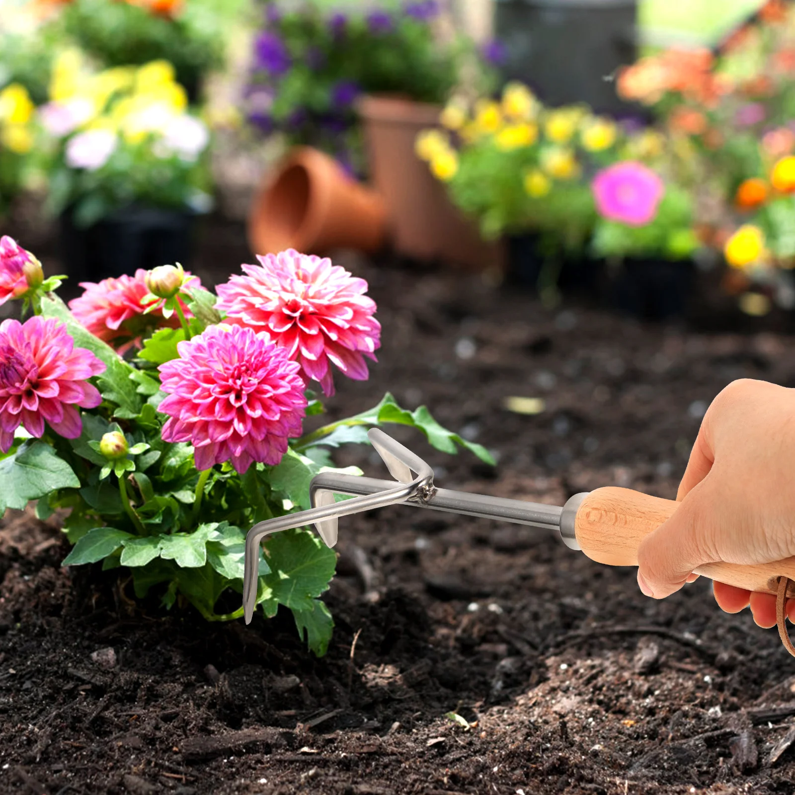 

Garden Stainless Steel Wood Handle Planting Shovel Fork Tool Soil Loosening Weeding Multi Purpose Gardening for Garden