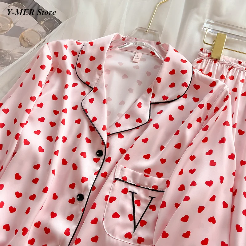 2024 Pink Love Pajamas Set 2Pcs Pjs Embroider Letter Sleepwear Women Homewear Loungewear Long Sleeve Outfit Satin Nightwear