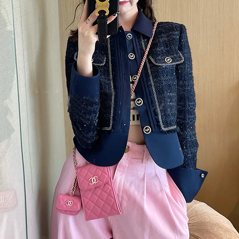 

Autumn New Pocket Coarse Tweed Splicing Short Small Fragrant Jacket for Women's Luxury and Elegant Style Street Trendy Coat