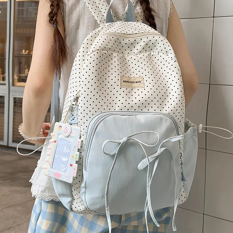 حقيبة ظهر لطيفة وجميلة للفتيات، حقيبة مدرسية للطلاب، حقيبة ظهر خفيفة الوزن من النايلون بألوان متباينة منقطة لطيفة #4