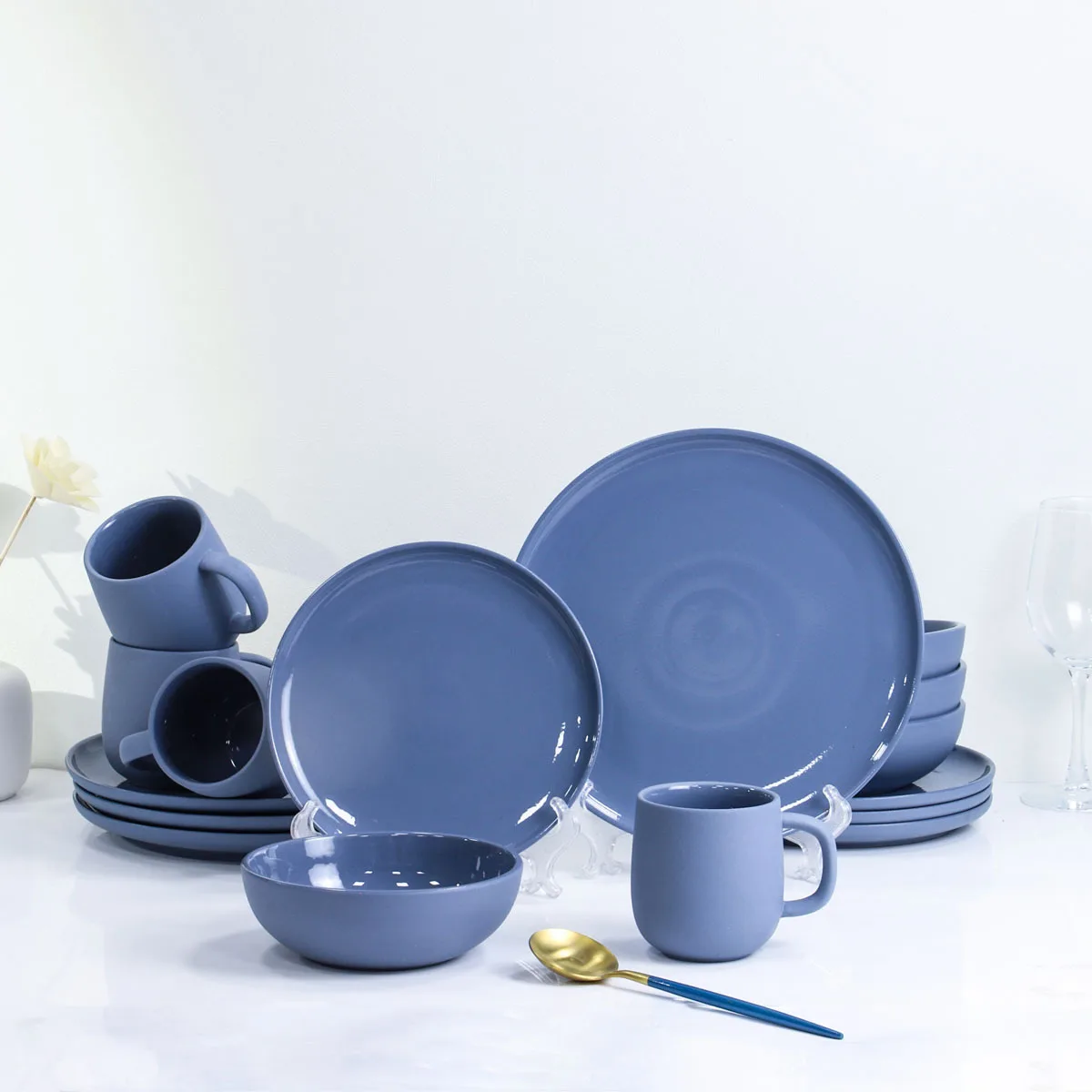 

Blue gray porcelain ceramic tableware, household bowls, plates, mugs, five piece set, high-end