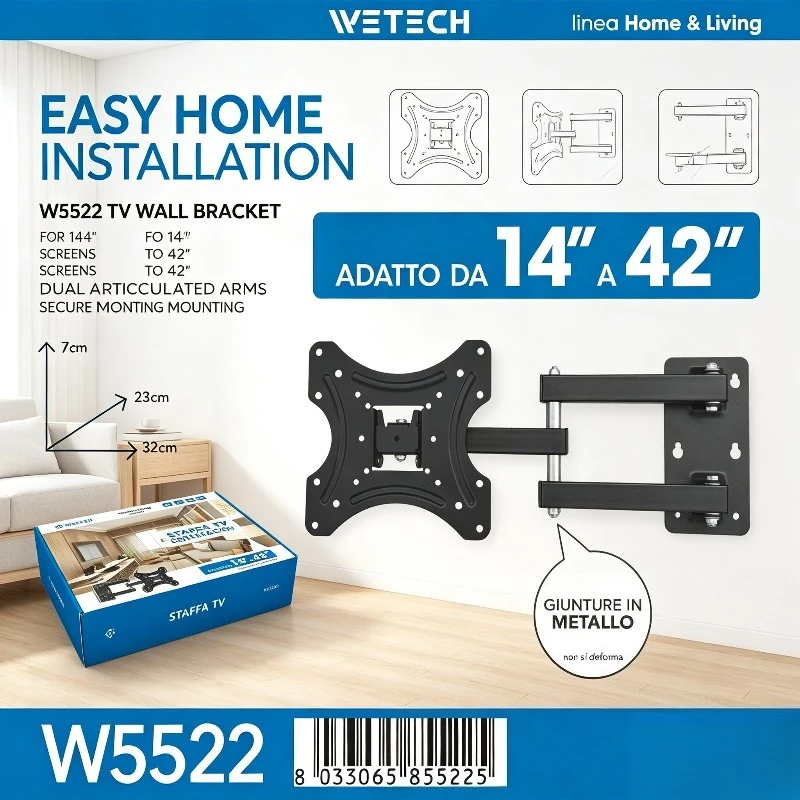 Supporto da Parete per TV WETECH W5522 a Doppio Braccio, per Monitor a Schermo Piatto da 14-42 Pollici, Carico Massimo 50kg ±15 ° Supporto Inclinabi