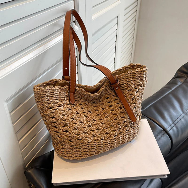 Casual Rattan Large Capacity Shopping Tote Designer Wicker Woven Women Handbags Summer Beach Straw Bag Lady Travel Big Basket