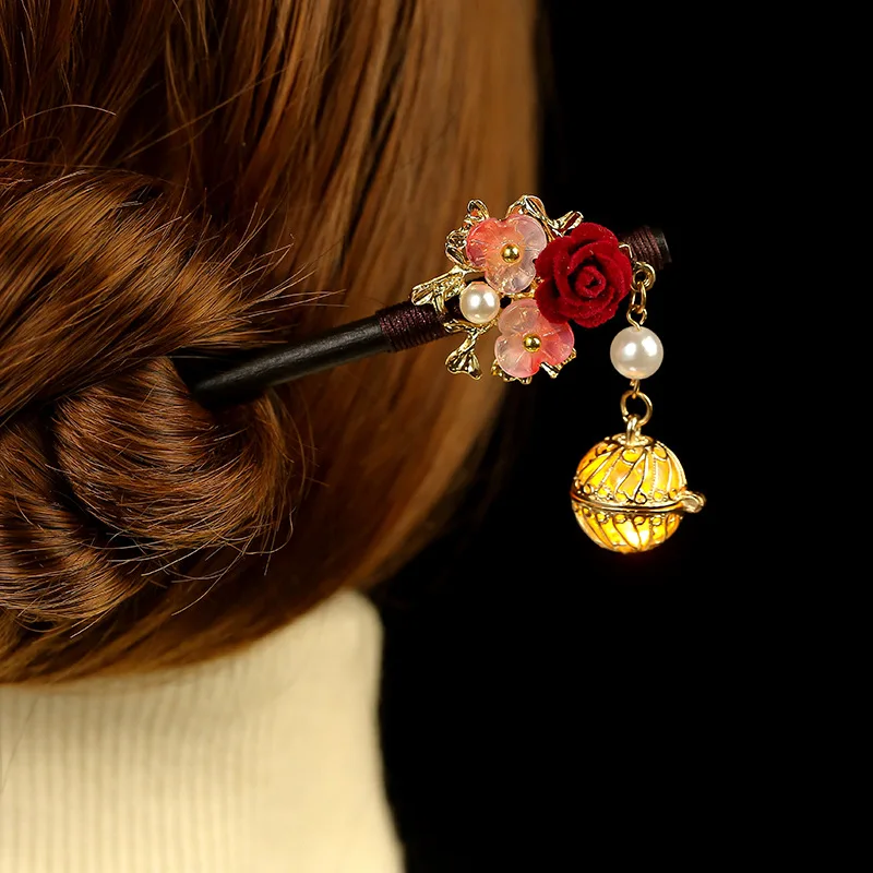 Floral Hairpin Lantern Luminous Chinese Hair Sticks For Hanfu Party Sandalwood Pearl Hair Bun Forks Vintage Hair Clasp Jewelry