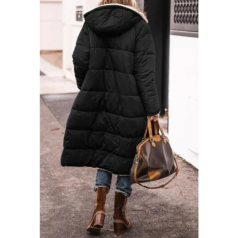 Women\'s  Warm Winter Coats Reversible Fleece Long Hooded Puffer Jackets Outerwear