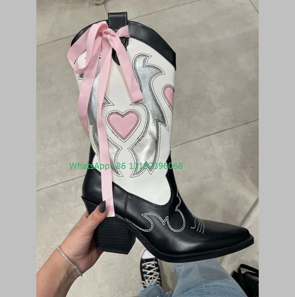 Lady Mix Color Pink Bowtie Design Knee Boots Chunky Heel Pointed Toe New Arrive Runway Cowboy Boots Footwear Black Pu Size 33-47