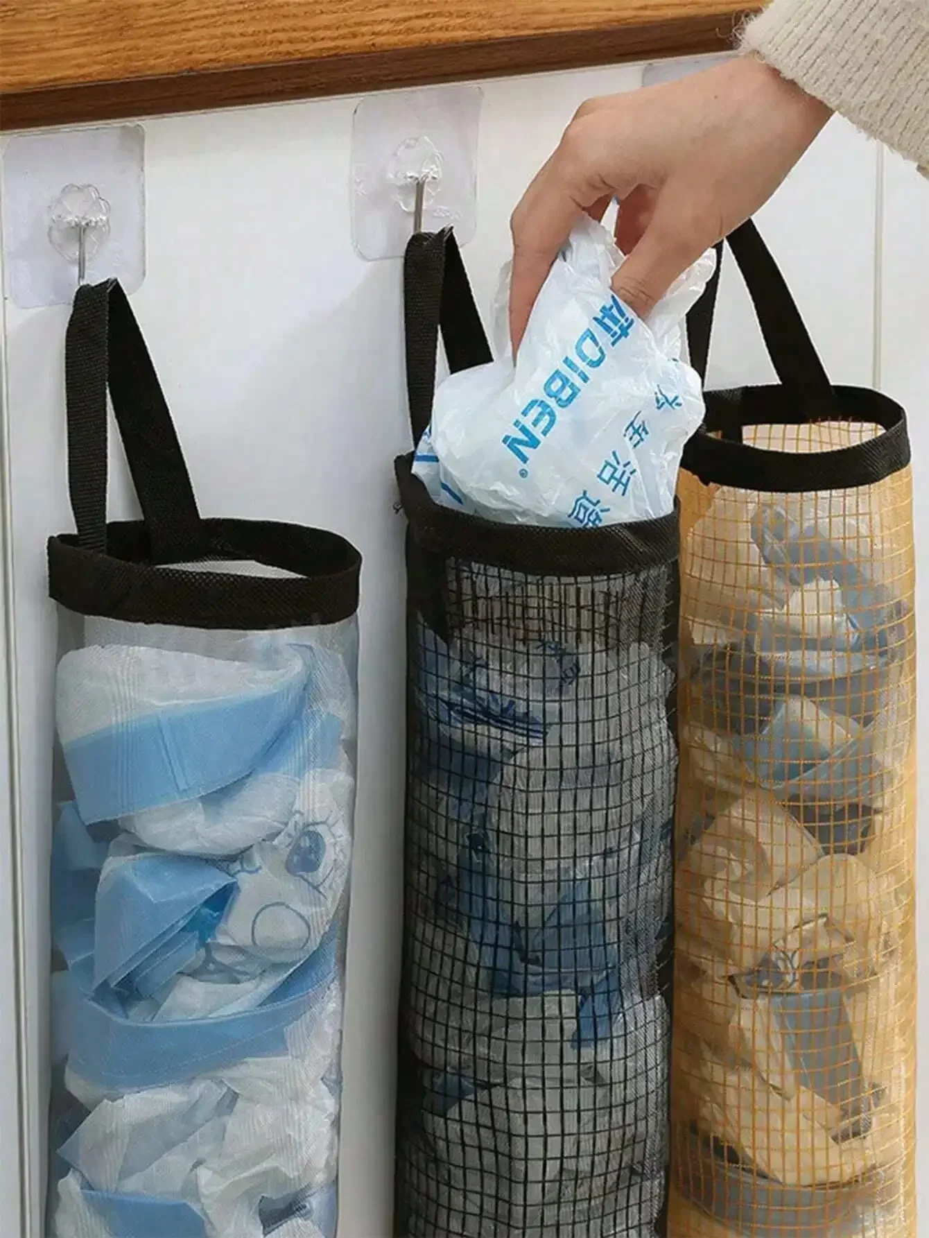 

3pc Wall-Mounted Plastic Bag Dispenser Storage Rack, Garbage Bag Organizer, Kitchen Plastic Bag Hanging Holder, Multi-Functional Trash Bag Storage Mesh Bag, Breathable Wall-Mounted Versatile Garbage Bag Organizer Holder, Suitable For Home, Kitchen,